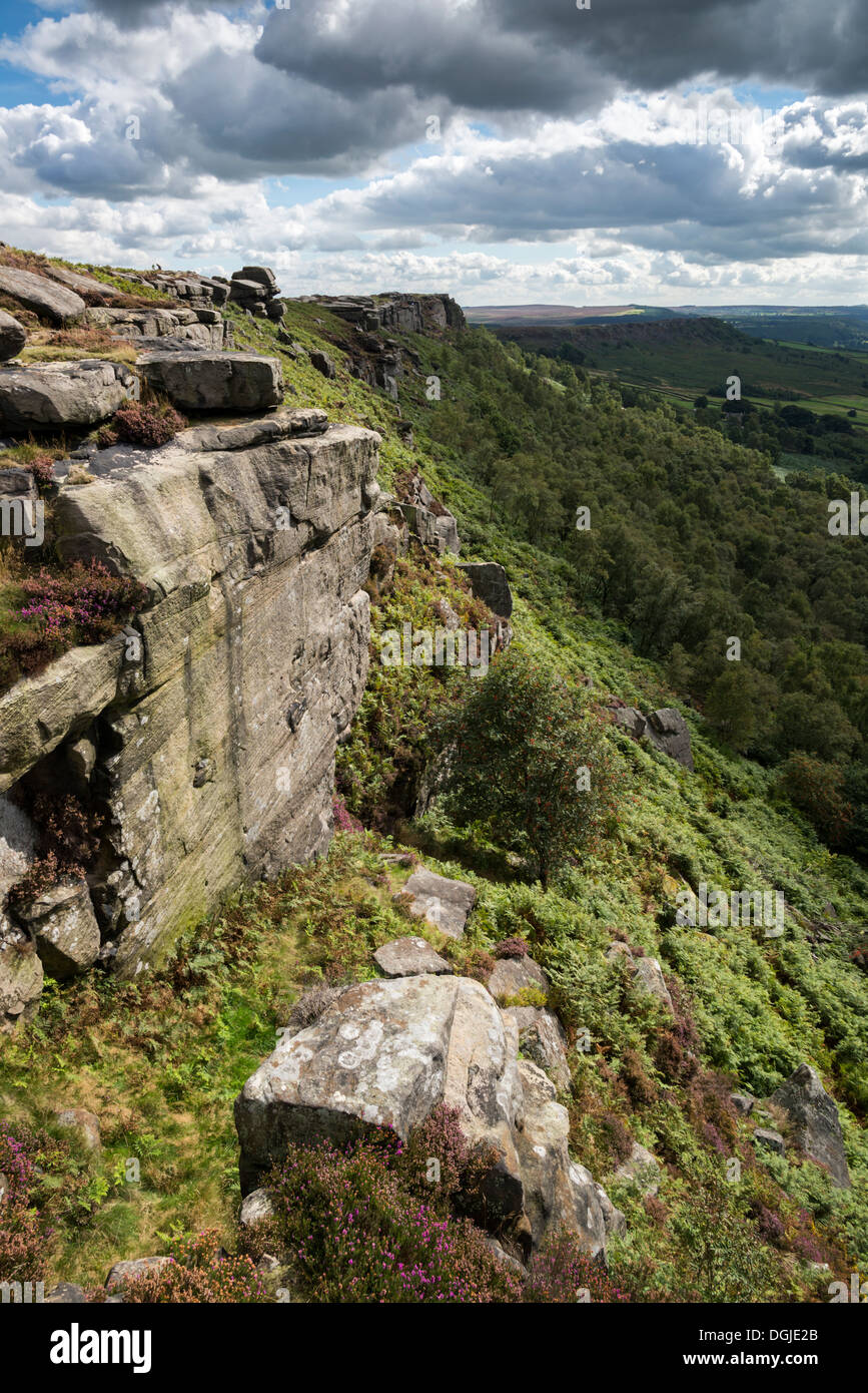 Views across Curbar Edge gritstone rock formation in the Derbyshire ...