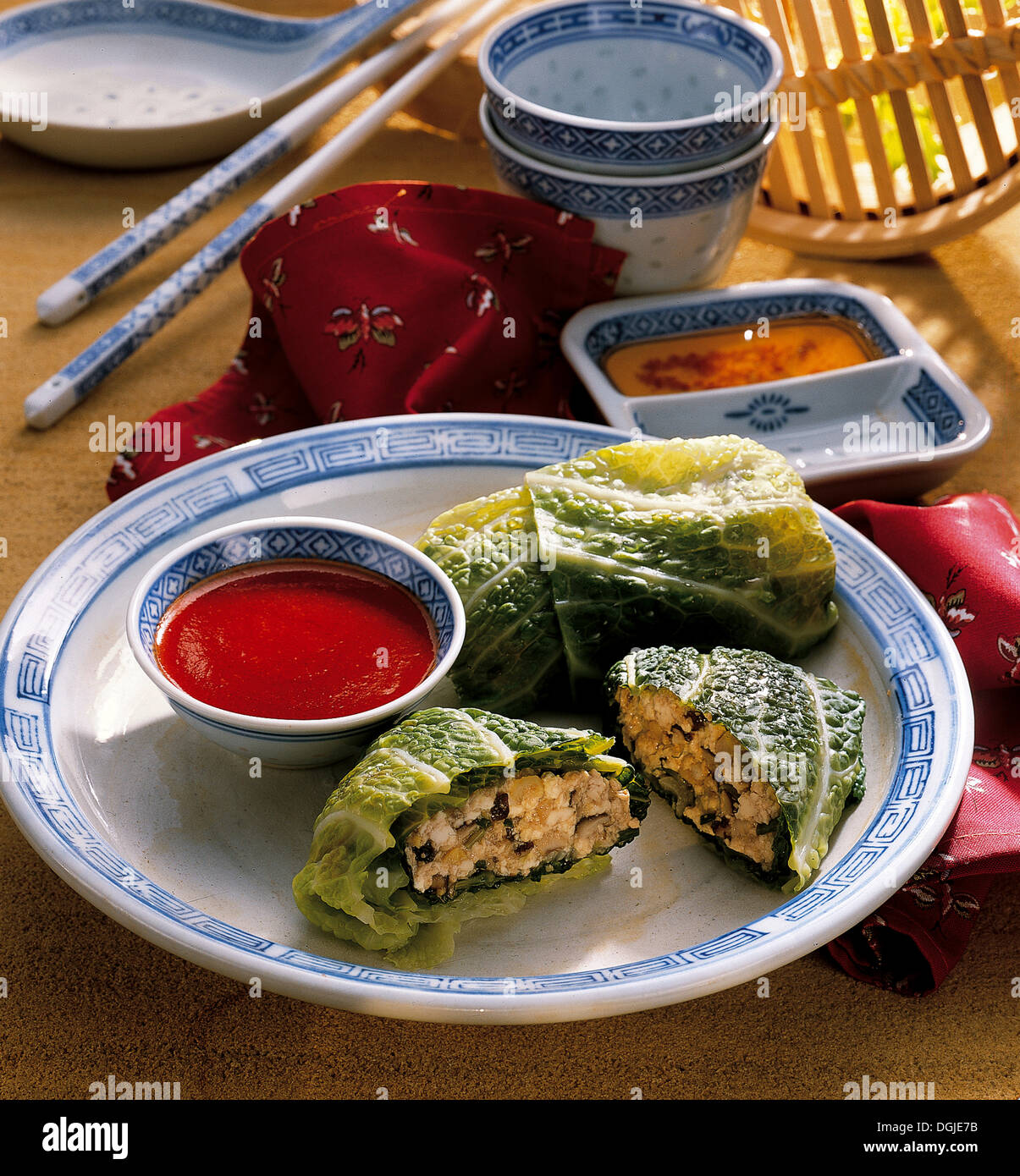 Savoy cabbage turnovers with tofu and mushroom filling and chili sauce