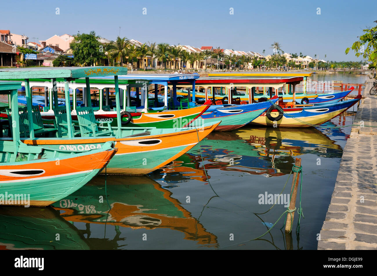 Traditional boats on the Song Thu Bon river, Hoi An, Vietnam, Southeast Asia Stock Photo