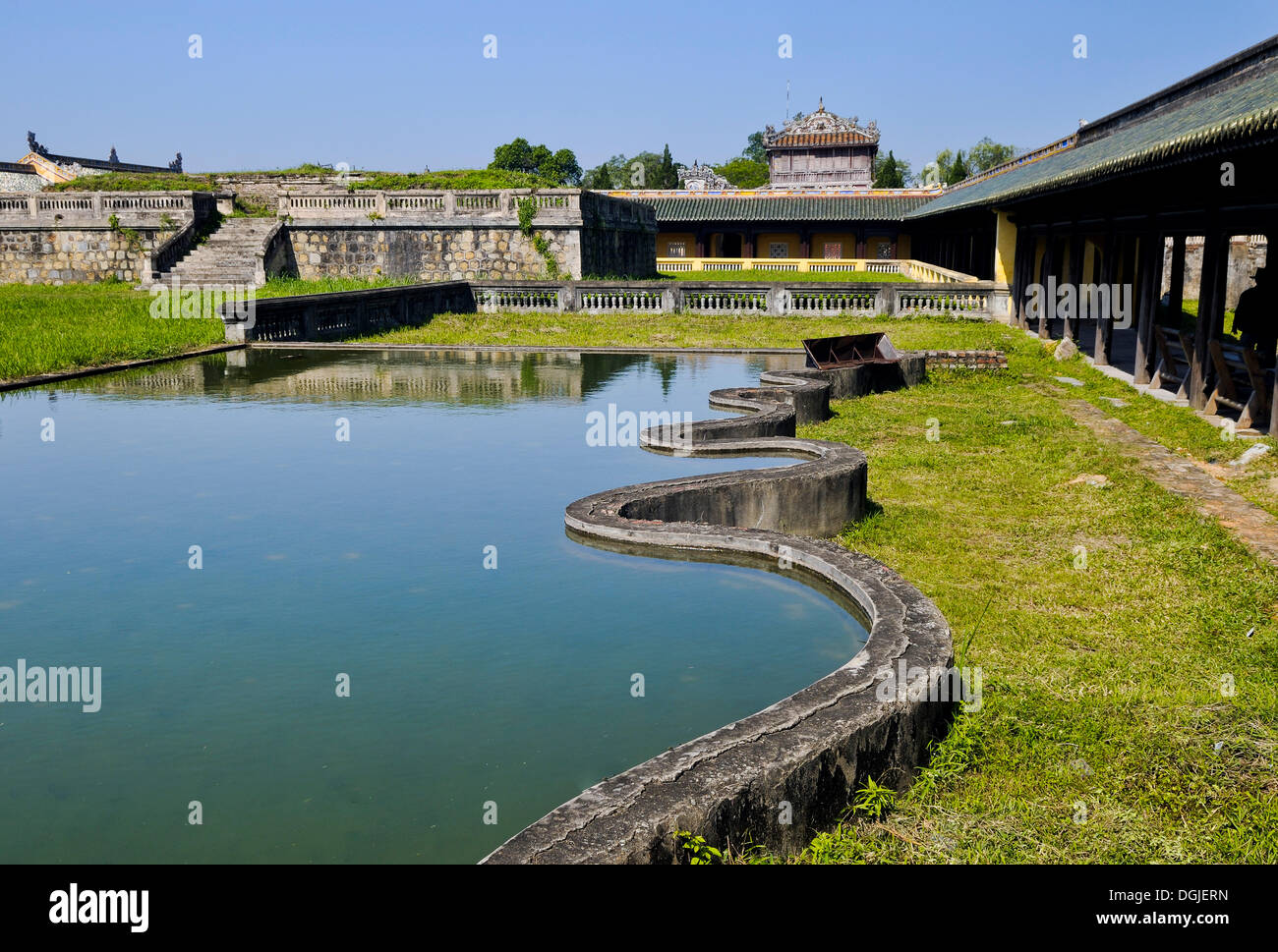 Pond in front of the treasury, Thai Hoa Palace Complex, Hoang Thanh Imperial Palace, Forbidden City, Hue Stock Photo