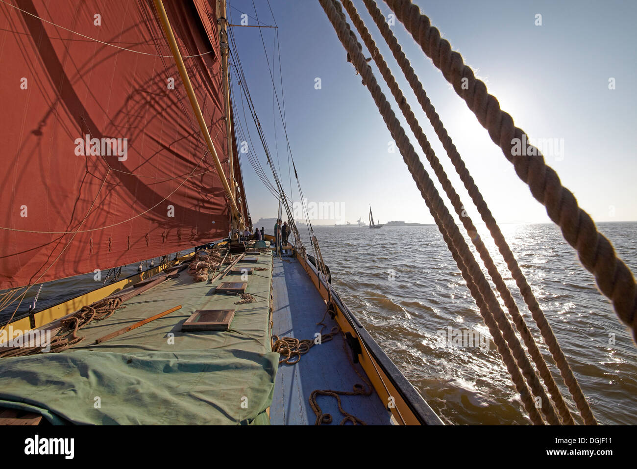 On board Thames sailing barge Edith May  competing in the 2012 Medway Barge Match. Stock Photo