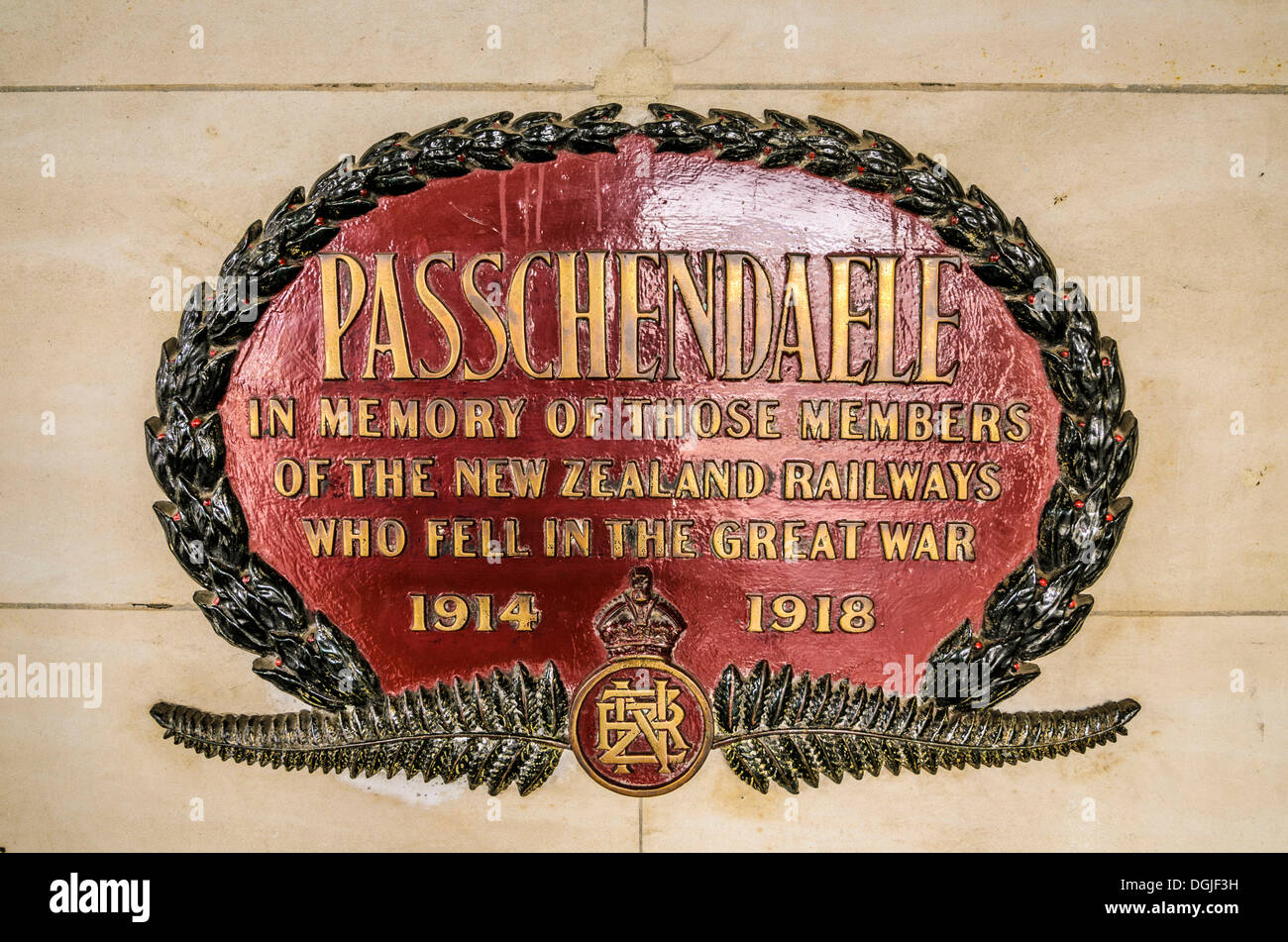 Memorial plaque, Battle of Passchendale, World War I, historic Dunedin Railway Station, Dunedin, South Island, New Zealand Stock Photo