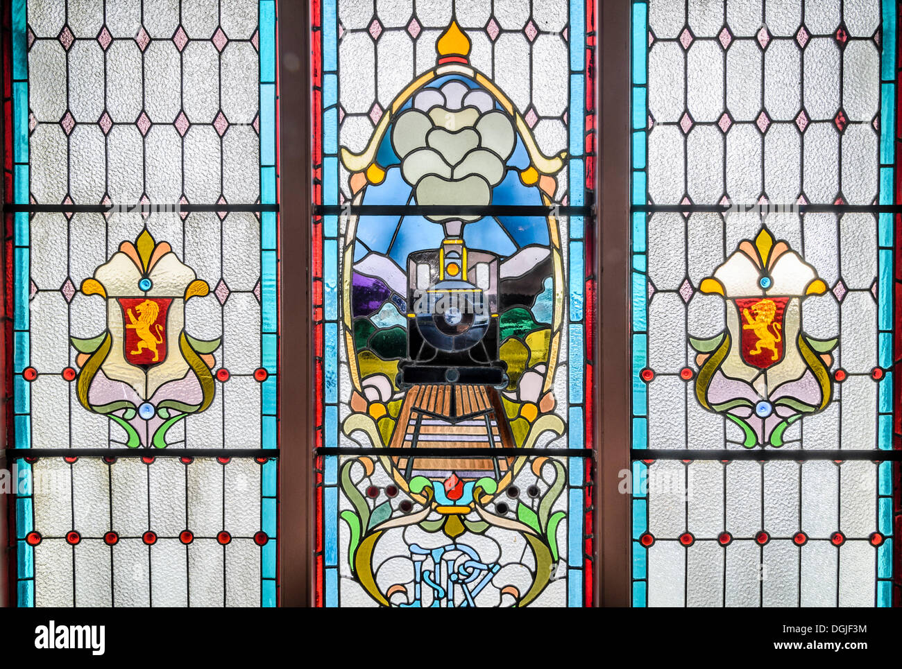 Stained-glass windows, historic Dunedin Railway Station, Dunedin, South Island, New Zealand, Oceania Stock Photo