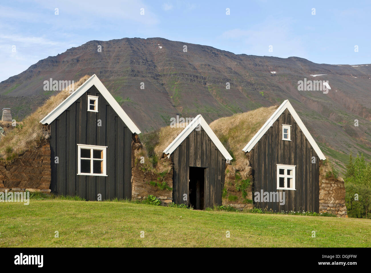 Old turf farmhouses, Hólar, Hjaltadulur, Iceland, Europe Stock Photo