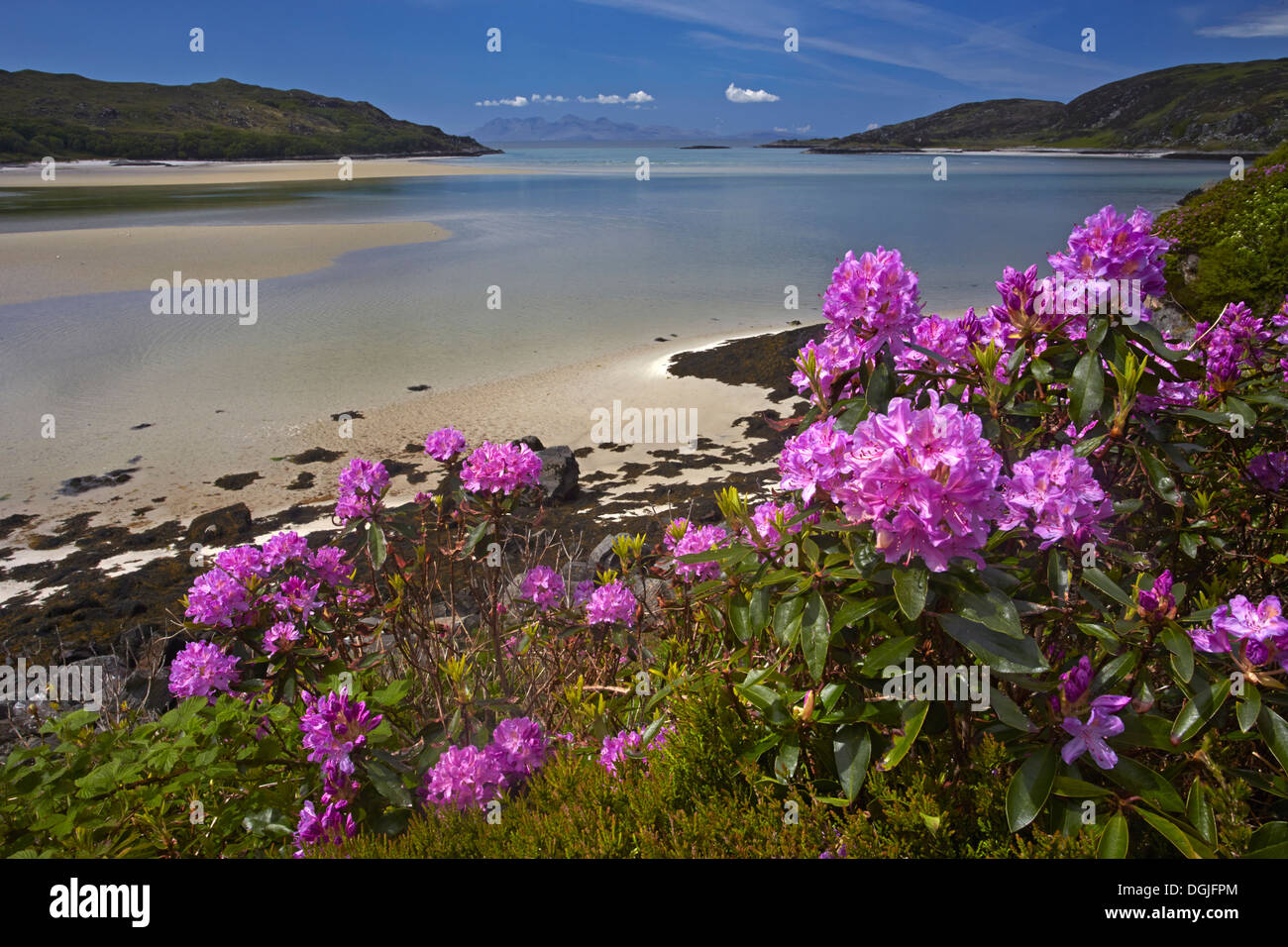 The view over Morar Sands with the islands of Eigg and Rhum on the horizon. Stock Photo