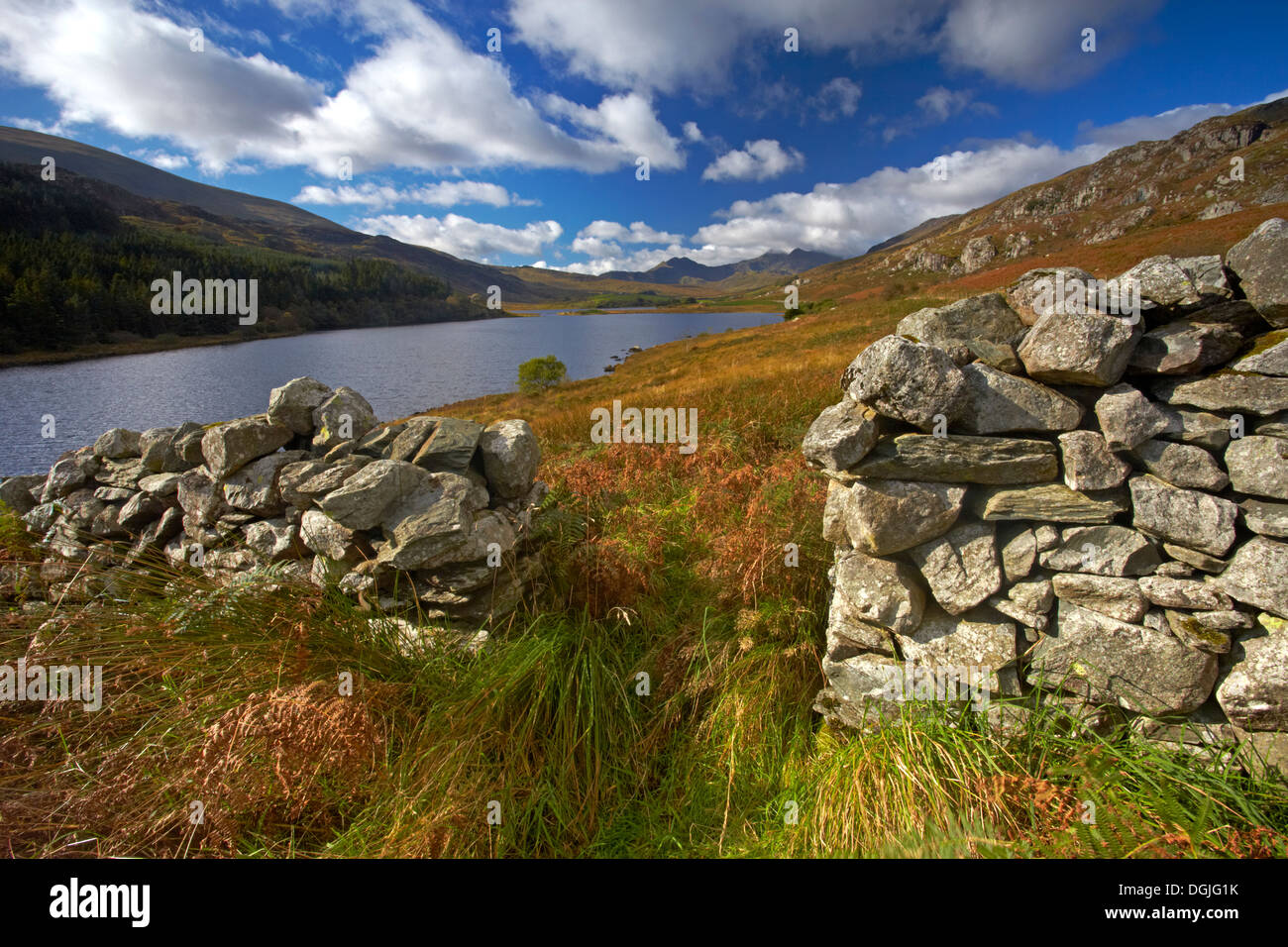 Snowdon viewed from the shore of Llynnau Mymbyr. Stock Photo