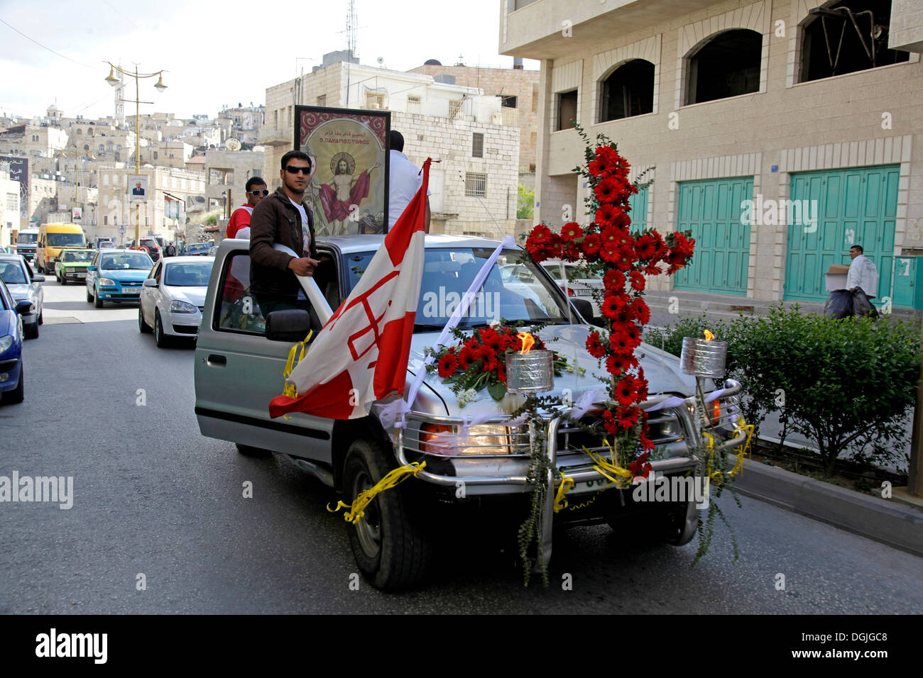 Street parade with a decorated car on Holy Saturday, Bethlehem, West Bank, Israel, Middle East Stock Photo