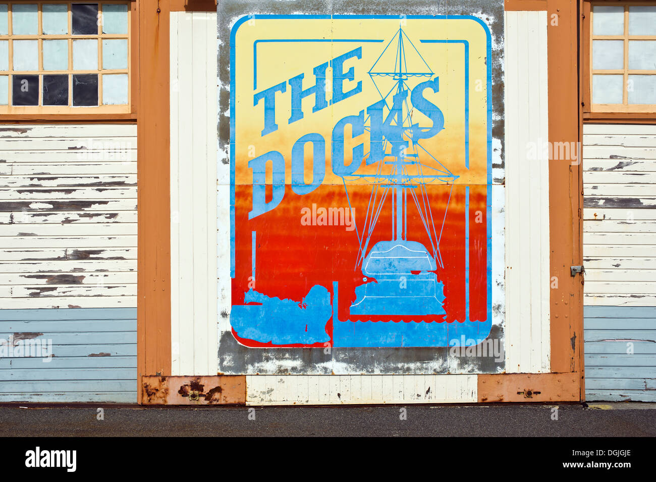 A design painted on the door of a wooden building in the Port of Fremantle. Stock Photo