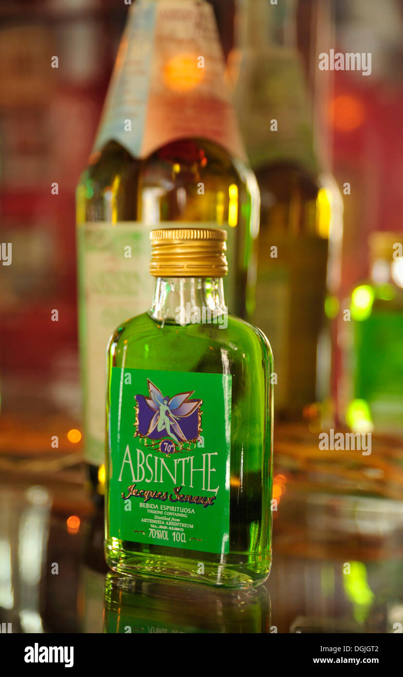Bottle of absinthe, Bar Absenta bar, Carrer de Sant Carles, Barceloneta, Barcelona, Catalonia, Spain, Europe Stock Photo