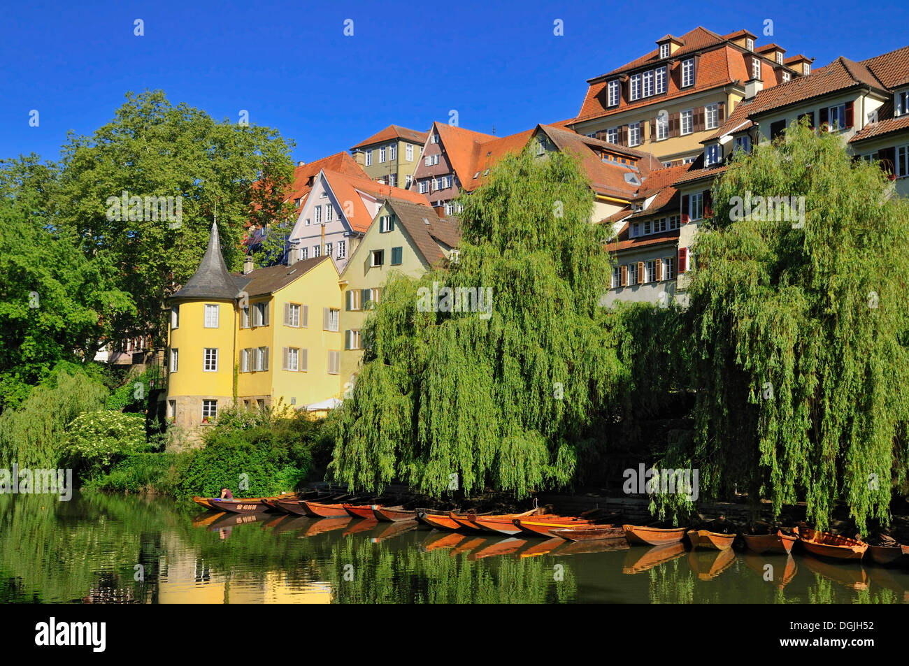 Hoelderlin Tower, punts and the old town of Tuebingen, Tübingen, Baden-Württemberg, Germany Stock Photo