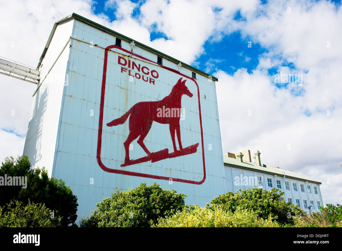 The Dingo Flour sign on the side of the Great Southern Roller Flour Mills in Fremantle in Western Australia. Stock Photo