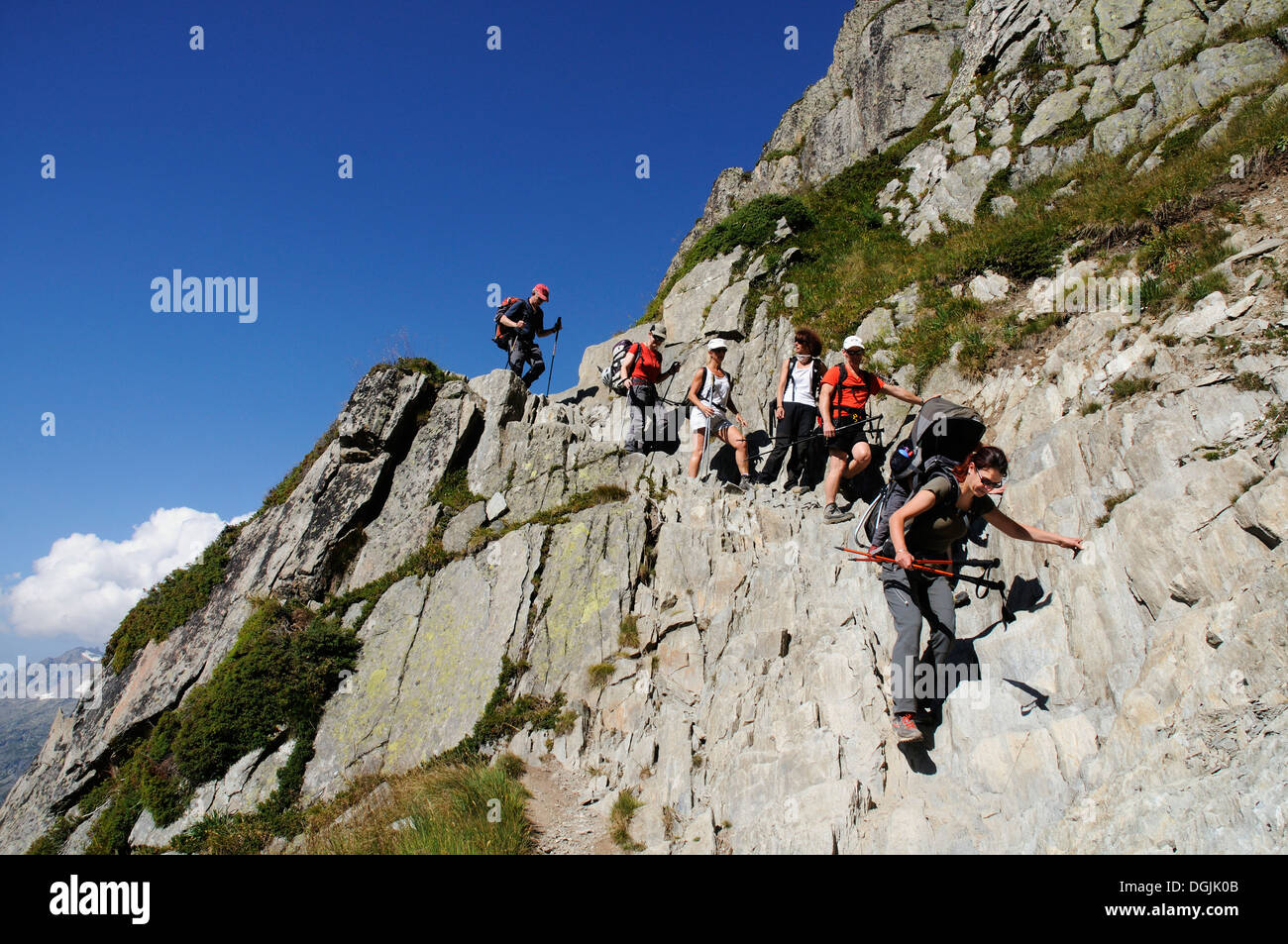 A lady hillwalker in the French Alps descending steep rock with her ...