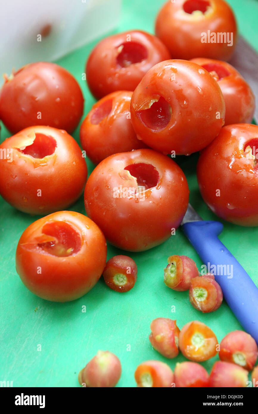 Stuffed tomatoes - hollow tomatoes ready for stuffing Stock Photo