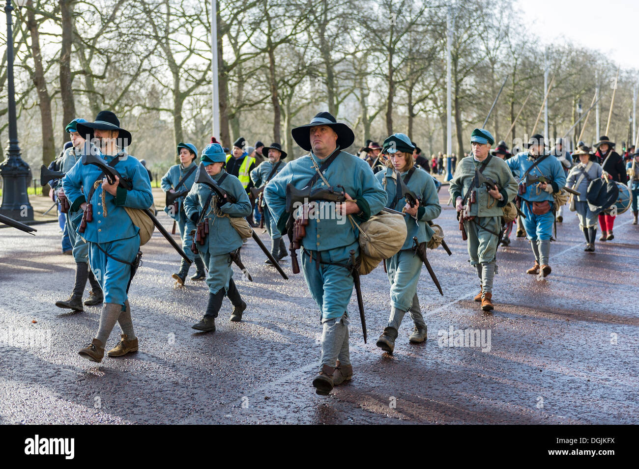 English Civil War Society enthusiasts march down The Mall to attend a service to commemorate the execution of King Charles I. Stock Photo