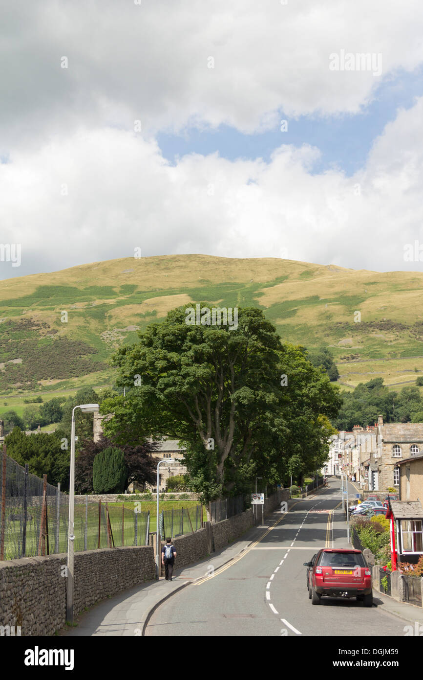 Loftus Hill, Sedbergh in Cumbria, looking northtowards the centre of Sedbergh with the southern edge of Howgill Fells beyond. Stock Photo