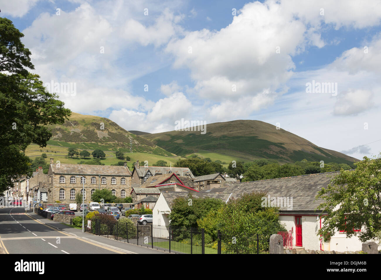 Loftus Hill, Sedbergh in Cumbria, looking north over the centre of Sedbergh. Beyond the town is Winder hill and Crook Hill. Stock Photo