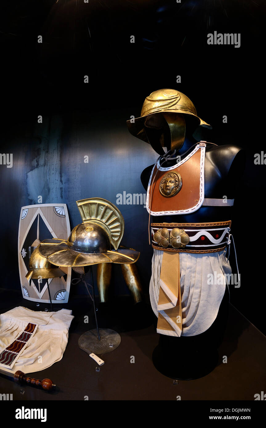 An armour and arms of Roman gladiators, warriors and slaves, special exhibition at the Colosseum, Rome, Latium region, Italy Stock Photo