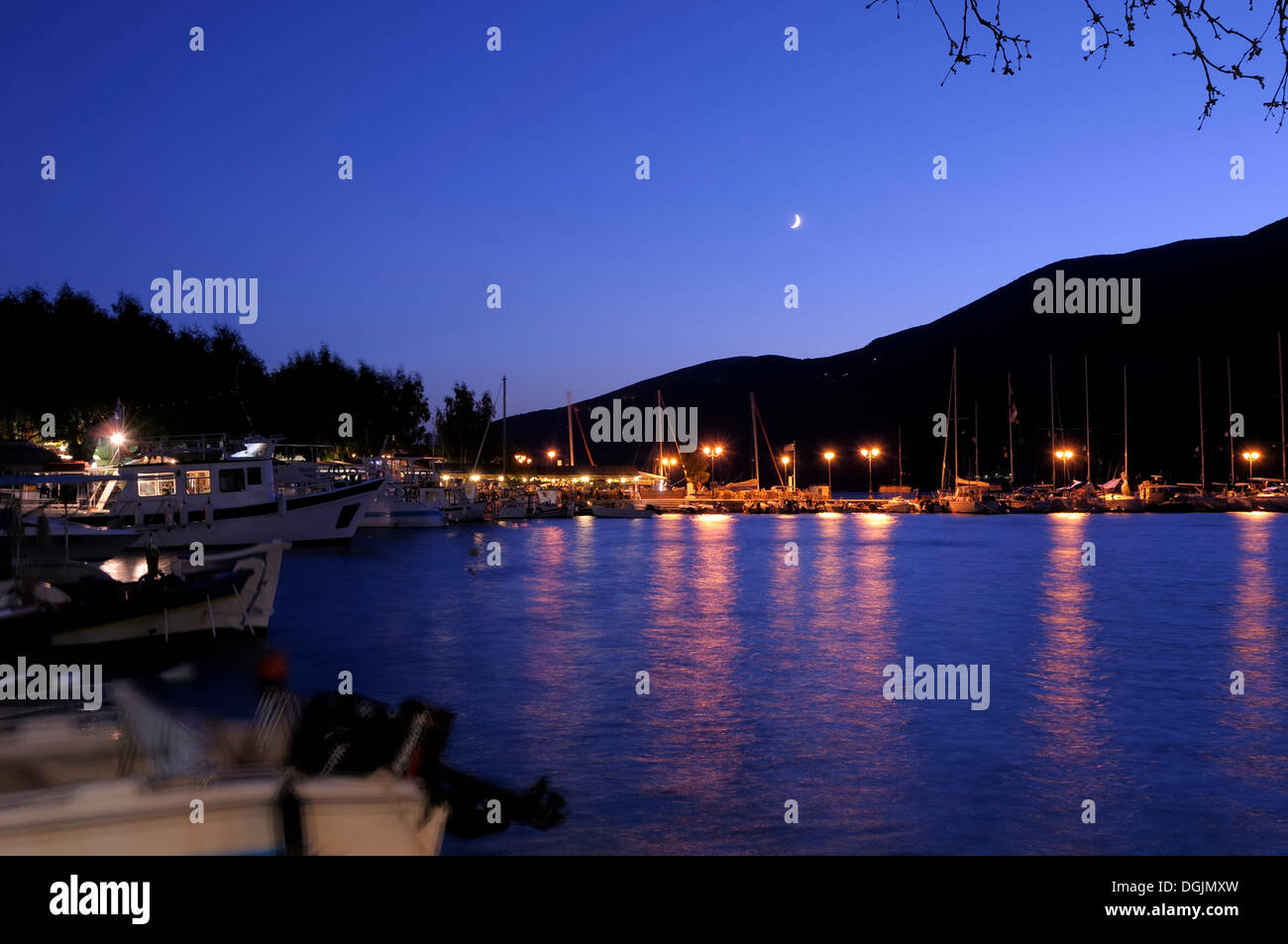 Port of Vassiliki in the moonlight, Lefkas or Lefkada, Greece, Europe Stock Photo