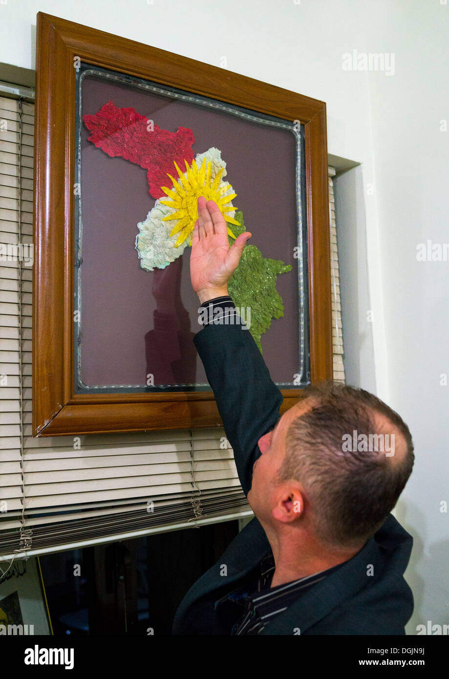 Man Showing Kurdistan Map, Suleymanyah, Kurdistan, Iraq Stock Photo
