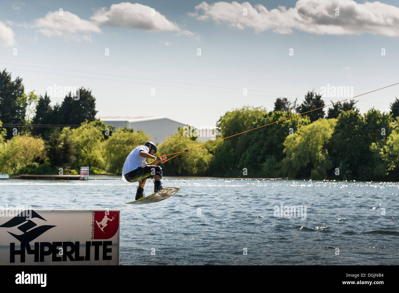 Wakeboarding at the Basildon Festival Wakeboard Park in Essex. Stock Photo