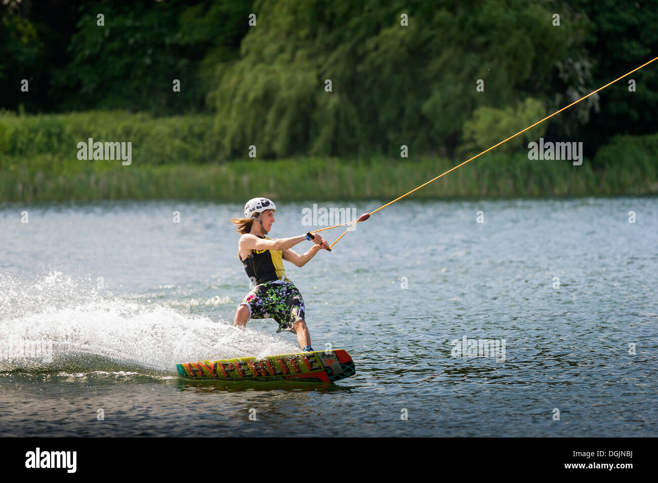 Wakeboarding at the Basildon Festival Wakeboard Park in Essex. Stock Photo