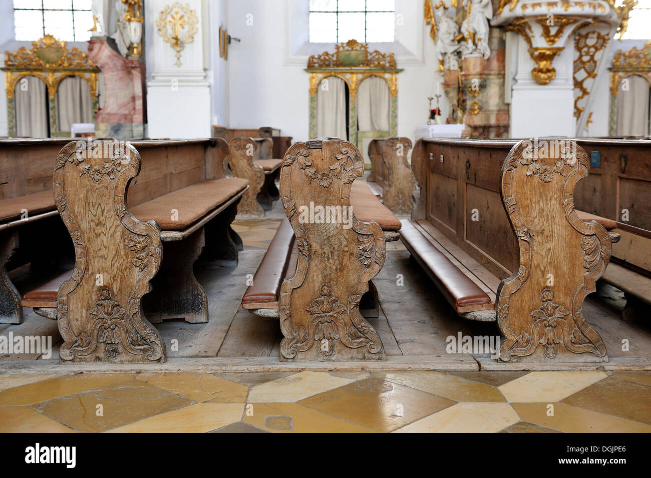 Elaborately carved pews in the Visitationists convent Kloster Dietramszell, Dietramszell, Upper Bavaria, Bavaria Stock Photo