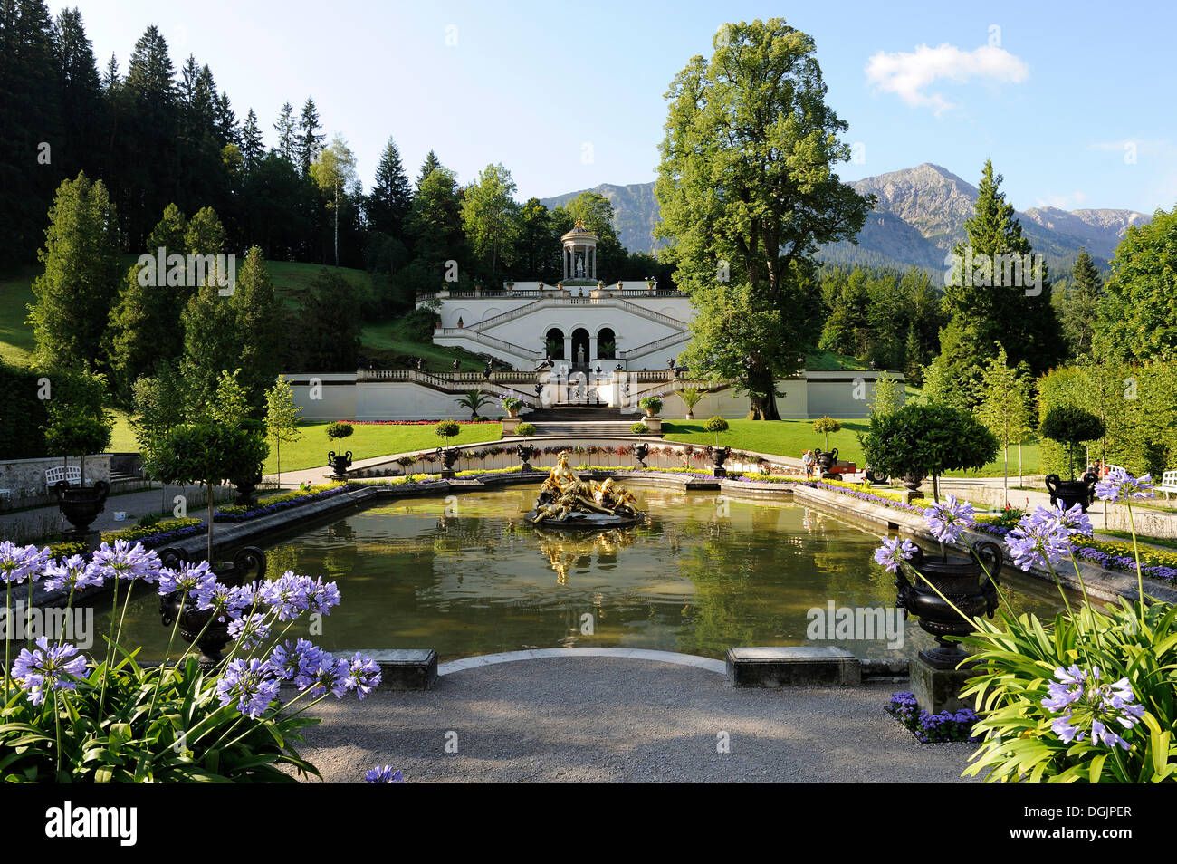 Schlosspark Linderhof palace gardens, castle of Bavarian King Ludwig II, Graswangtal valley, Oberammergau, Ammergau Alps Stock Photo