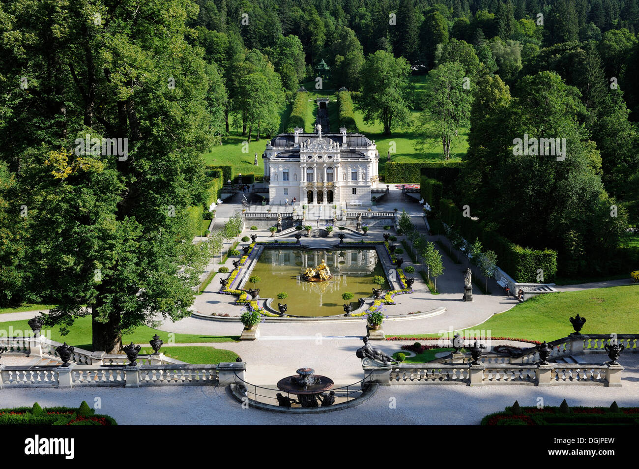 Linderhof Palace, castle of Bavarian King Ludwig II, Graswangtal valley, Oberammergau, Ammergau Alps, Upper Bavaria, Bavaria Stock Photo
