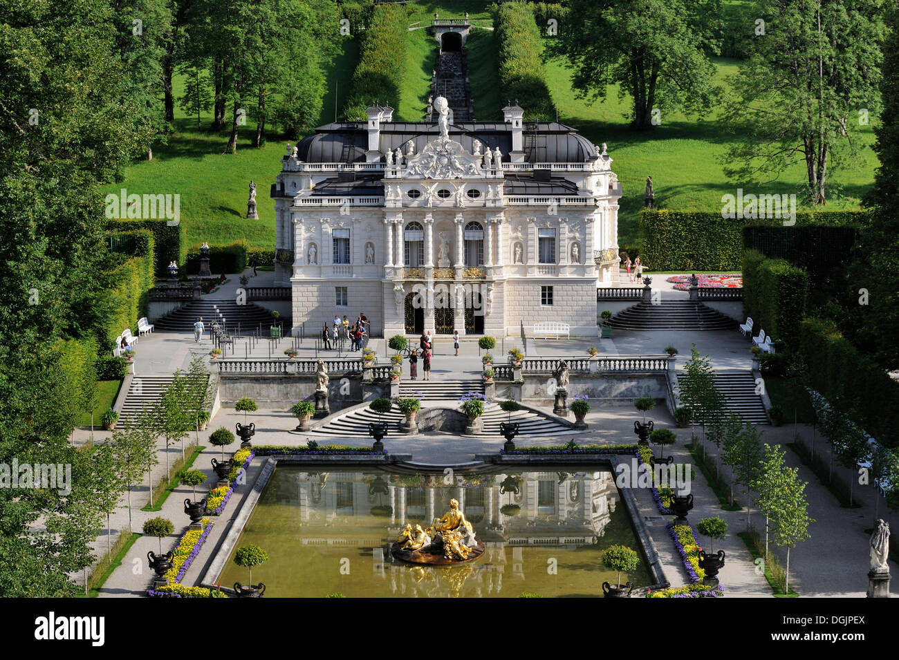 Linderhof Palace, castle of Bavarian King Ludwig II, Graswangtal valley, Oberammergau, Ammergau Alps, Upper Bavaria, Bavaria Stock Photo