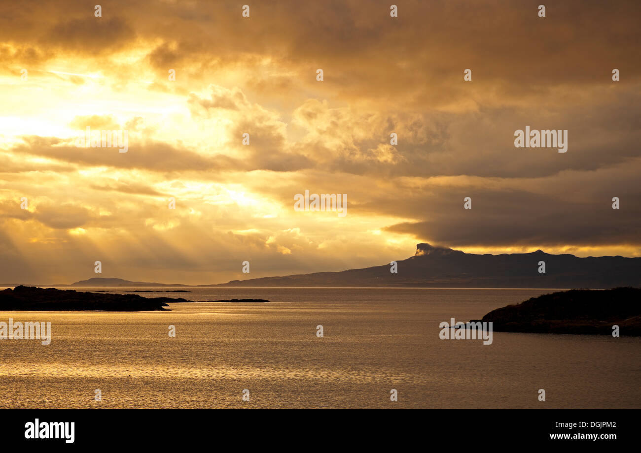 An Sgurr, Isle of Eigg looking over Lon Liath bay Lochaber Scotland UK Stock Photo