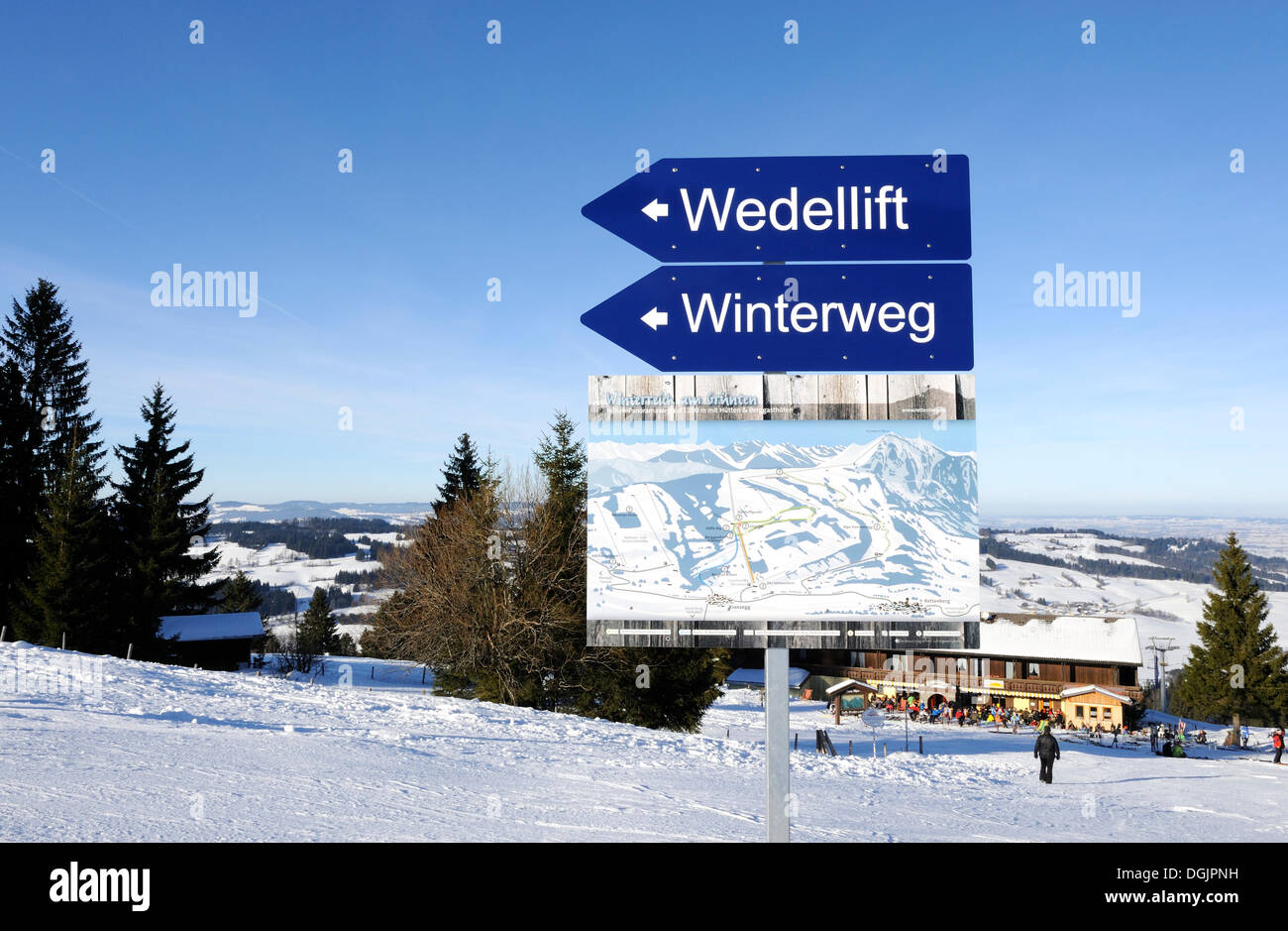 Signs for a winter panorama walk on Mt. Gruenten, Upper Allgaeu, Swabia, Bavaria Stock Photo