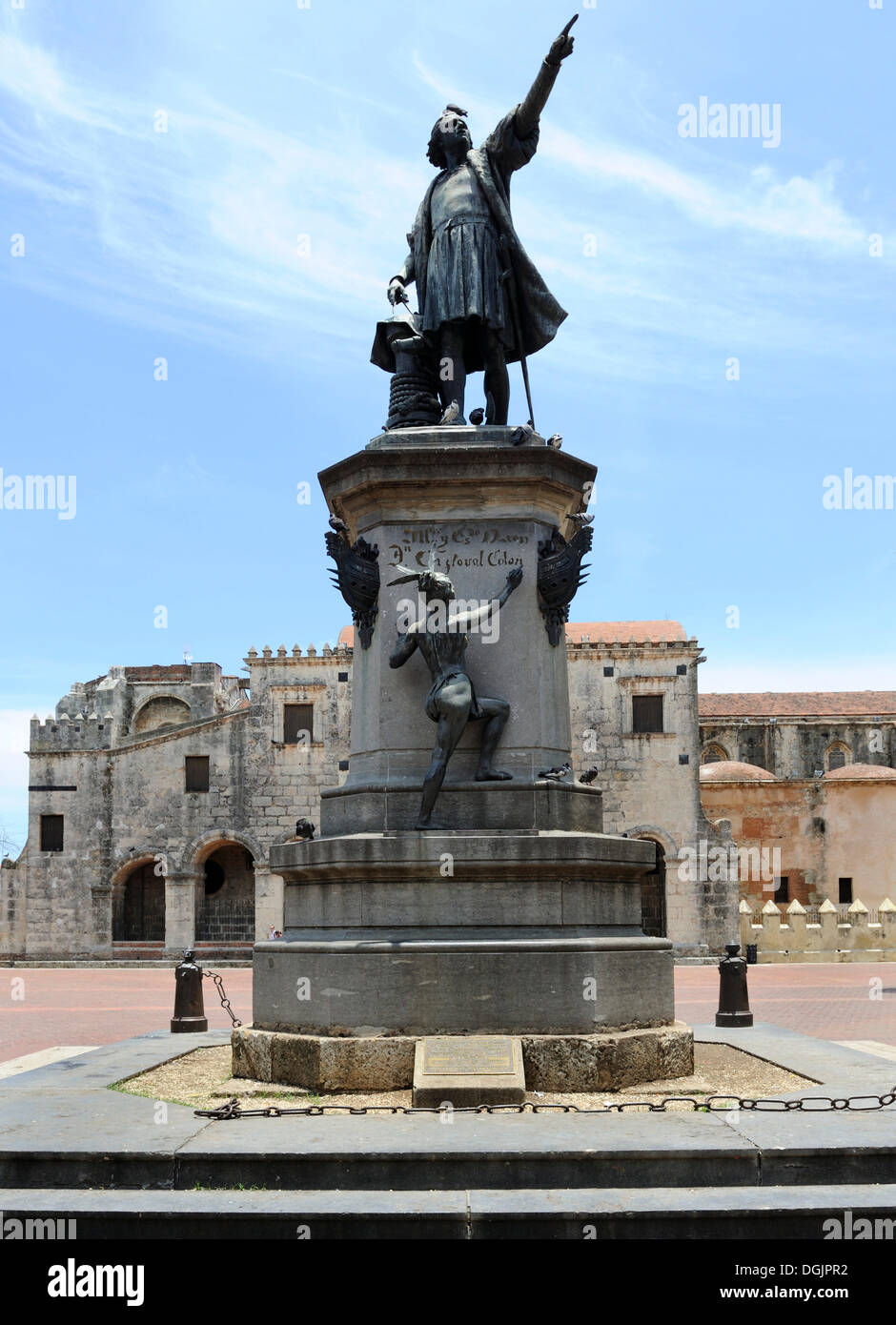 Plaza Colon square with Columbus Monument and Cathedral Santa Maria la Menor, oldest cathedral in the New World, 1532 Stock Photo