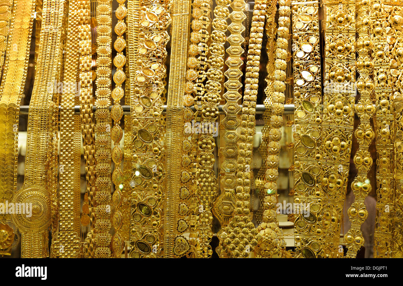 Gold jewellery in the Gold Souk of Deira, Dubai, United Arab Emirates, Arabia, Middle East, Asia Stock Photo