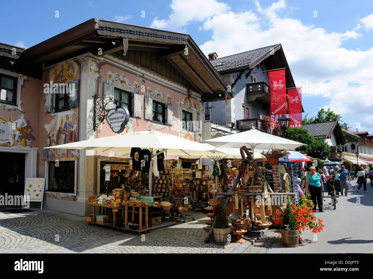 Shop selling woodcarvings, Ammergauer Krippenstube, Oberammergau, Upper Bavaria, Bavaria Stock Photo