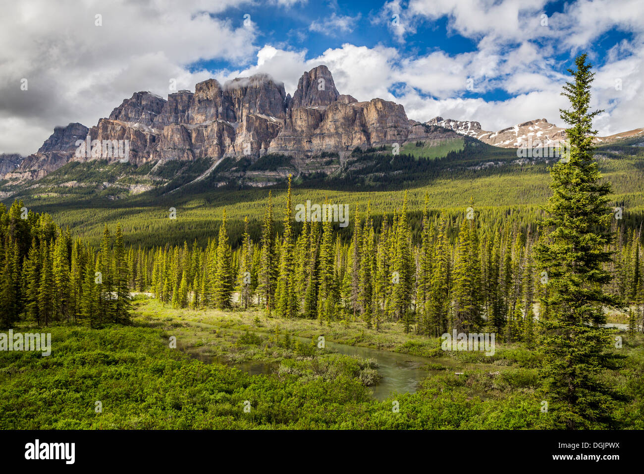 Castle Mountain and the Bow River in Banff National Park, Alberta, Canada. Stock Photo