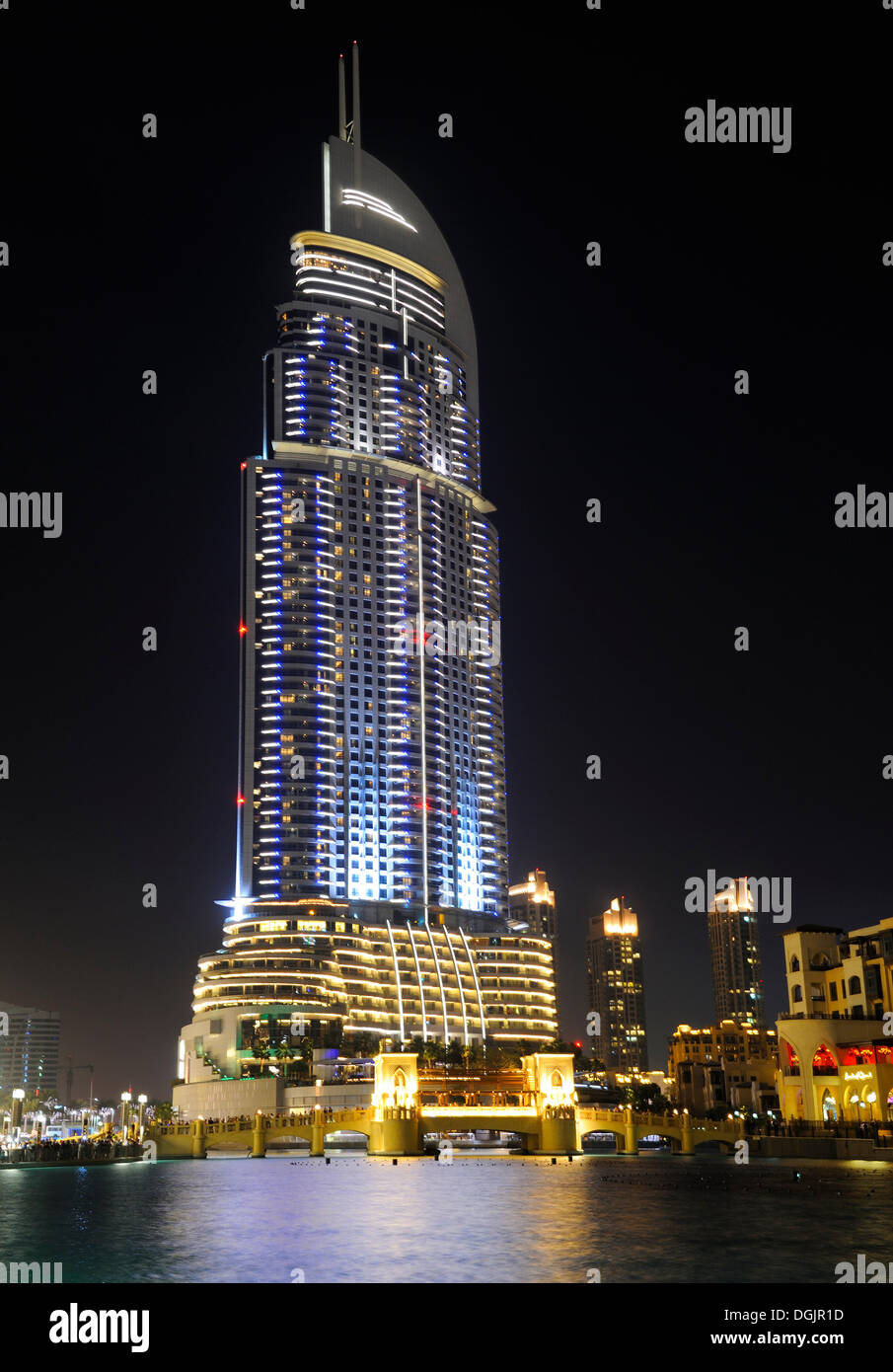 THE ADDRESS luxury hotel, 63 floors at night, Downtown Dubai, Business Bay, Dubai, United Arab Emirates, Middle East, Asia Stock Photo