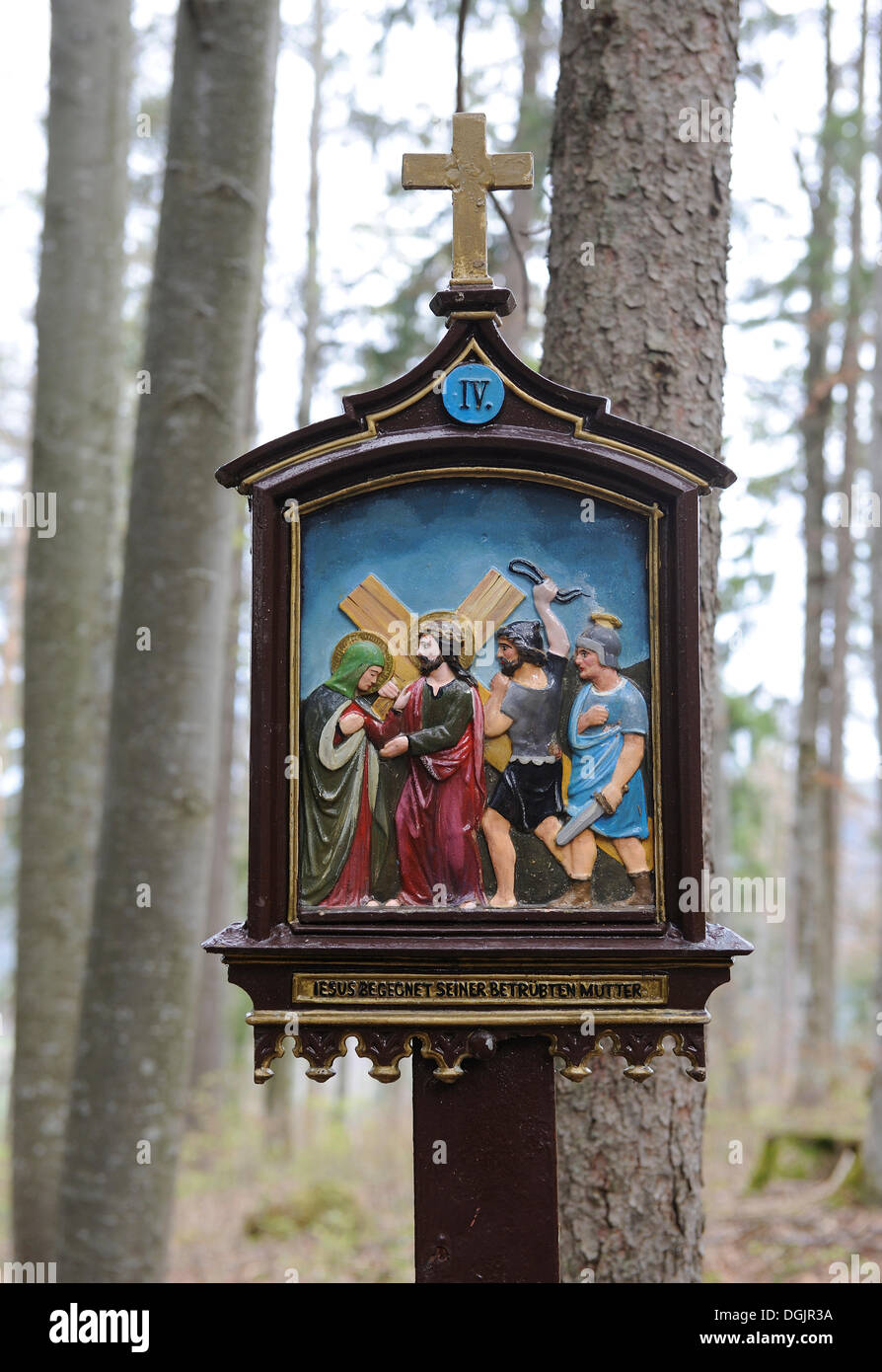 Stations of the Cross at Riederstein, Station IV, Jesus meets his mother, Rottach-Egern, Lake Tegernsee, Upper Bavaria, Bavaria Stock Photo