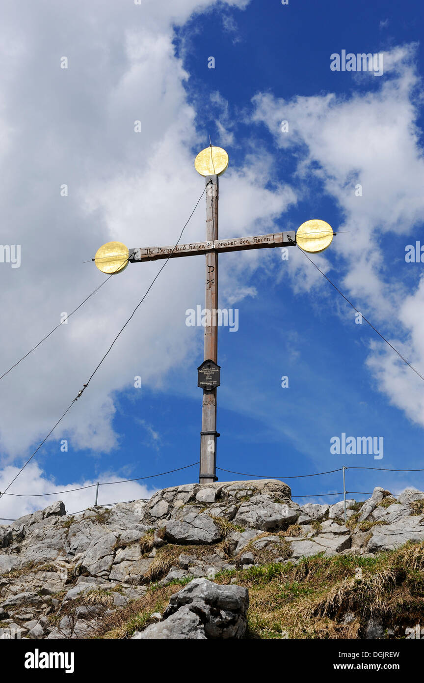 Cross on the summit of Vorderer Rauschberg mountain, Chiemgau Alps, Chiemgau, Upper Bavaria, Bavaria, PublicGround Stock Photo