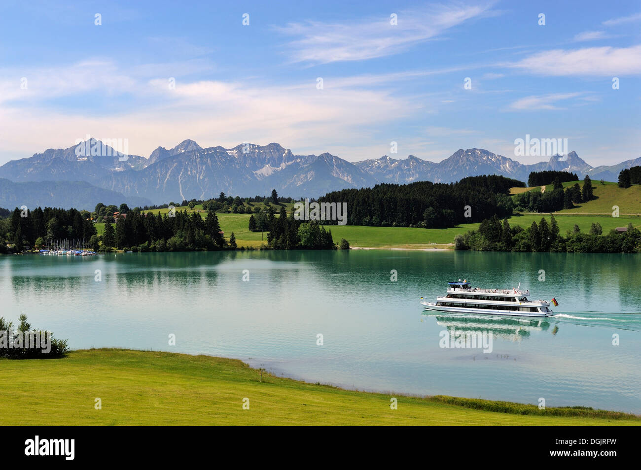 Forggensee lake, Ostallgaeu district, Allgaeu, Swabia, Bavaria Stock Photo