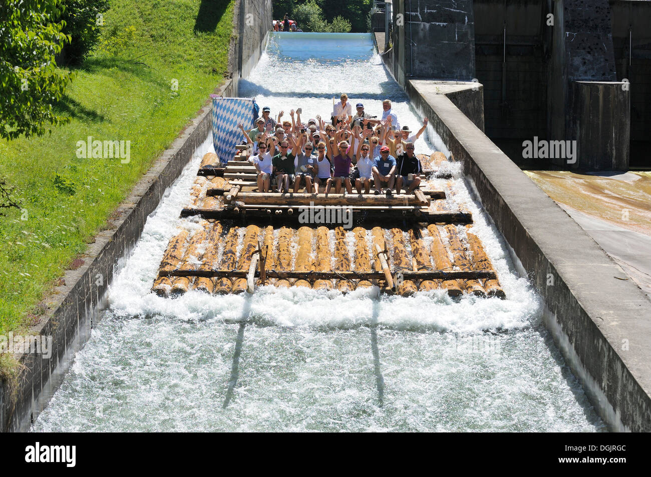 Rafting on the Isar River, Muehltal raft slide, the largest raft slide in Europe, Upper Bavaria, Bavaria Stock Photo