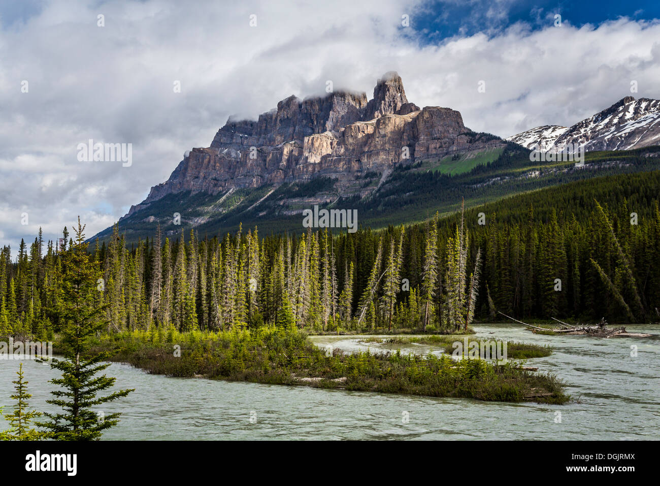 Castle Mountain and the Bow River in Banff National Park, Alberta, Canada. Stock Photo