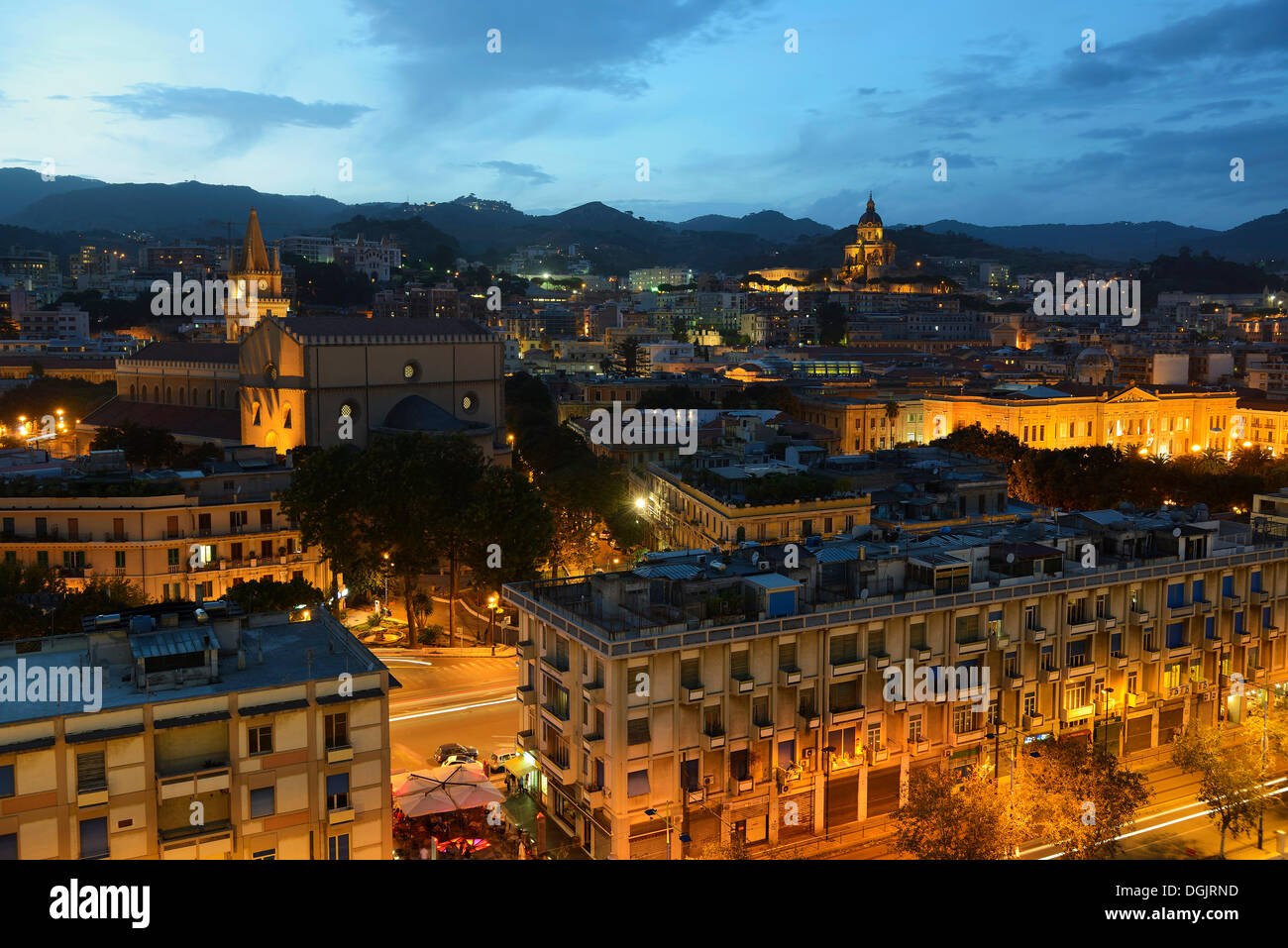 City of Messina with Messina Cathedral and Sacrario di Cristo Re Church, Sicily, Italy, Europe Stock Photo