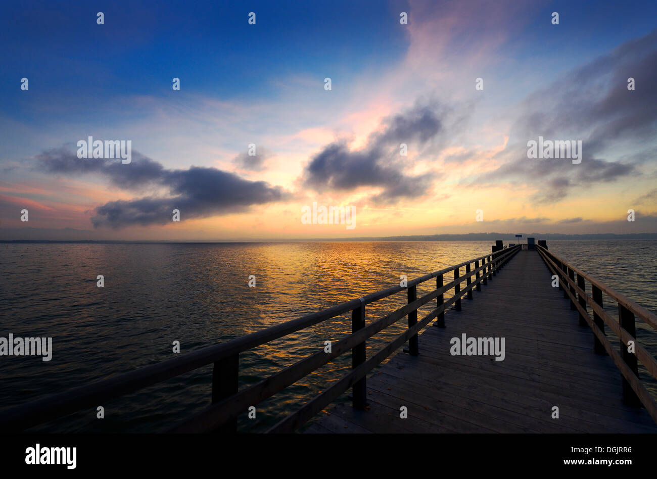Sunset on Lake Starnberg, jetty at Fischmeister inn, Ambach, Upper Bavaria, Bavaria Stock Photo