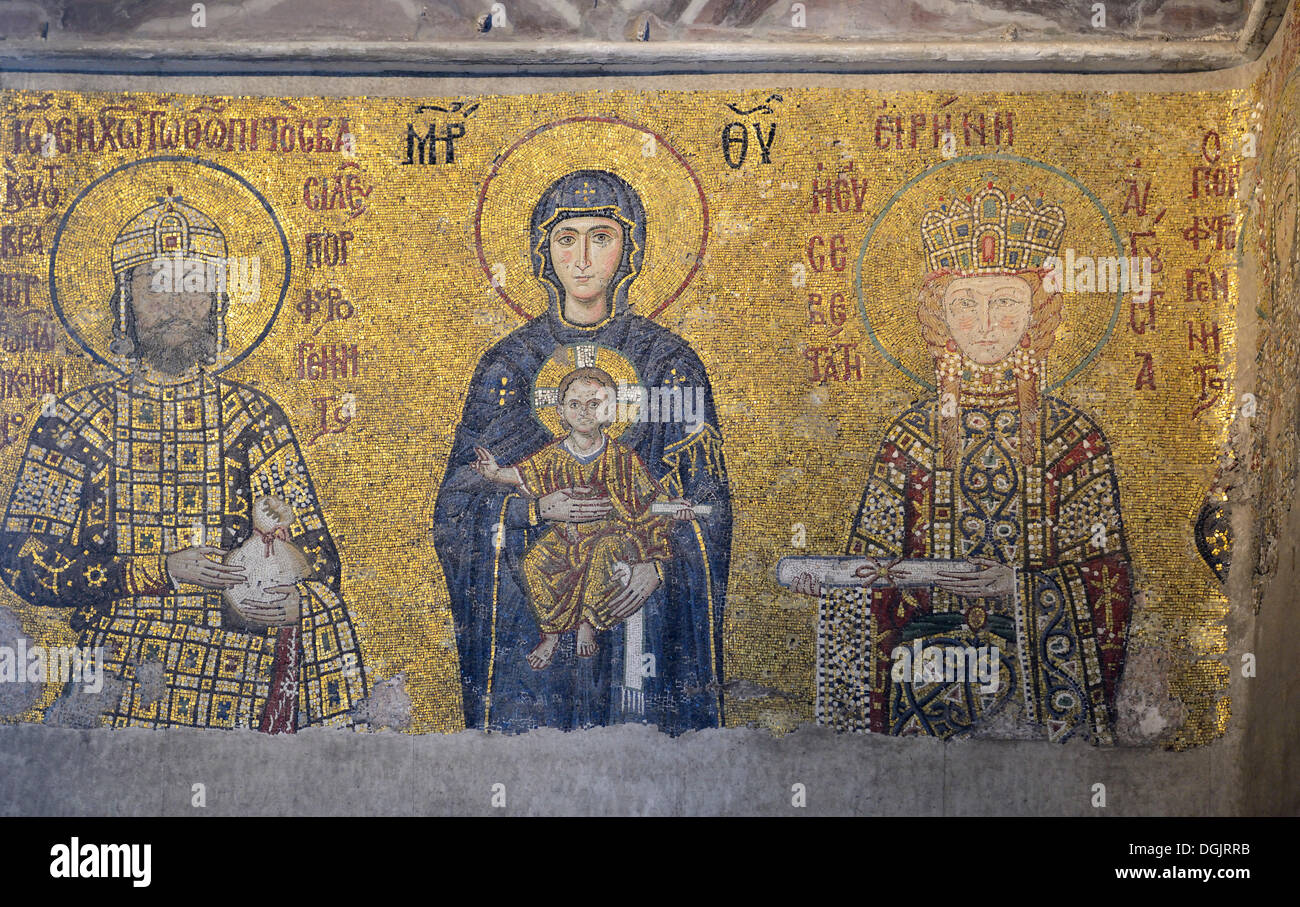 Mosaic of the Virgin Mary and Child, Emperor and Empress of John II, Komnenos and Irene, Byzantine Deesis mosaic, Hagia Sophia, Stock Photo