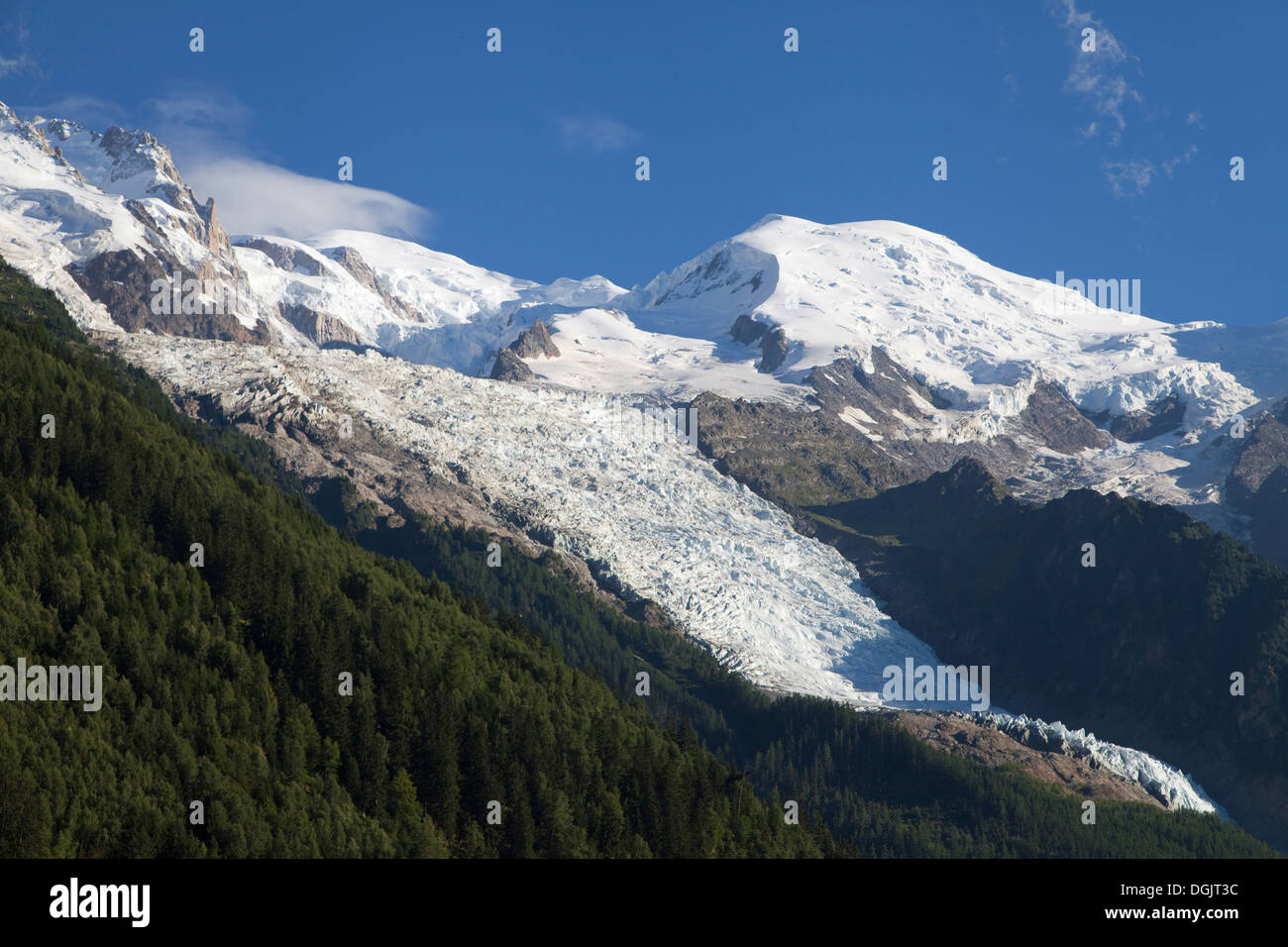 Mont Blanc, Dome du Gouter and Bossons Glacier from Chamonix, Haute-Savoie, France. Stock Photo