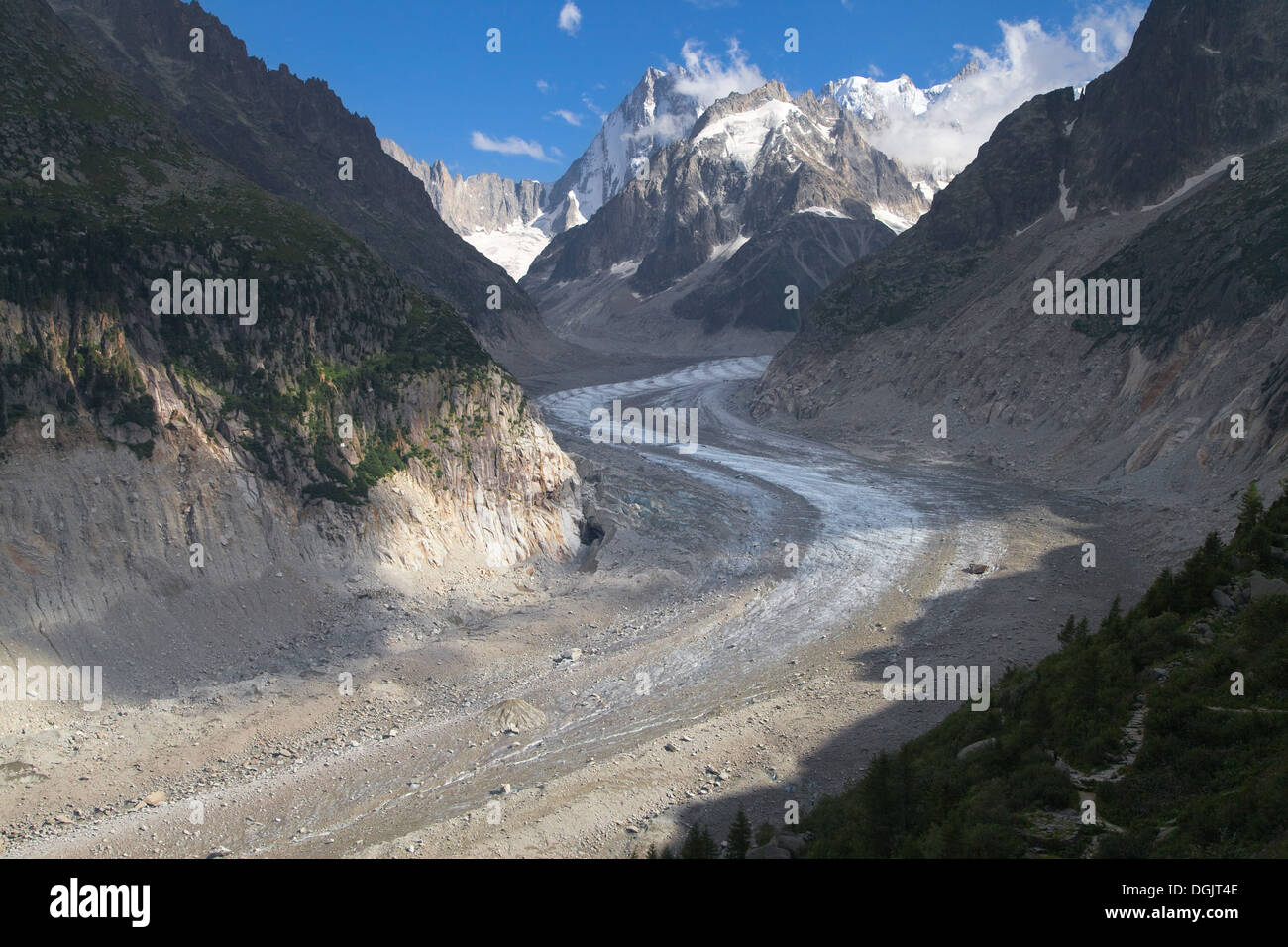 Glacier Mer de Glace from Montenvers, Chamonix-Mont-Blanc, France. Stock Photo