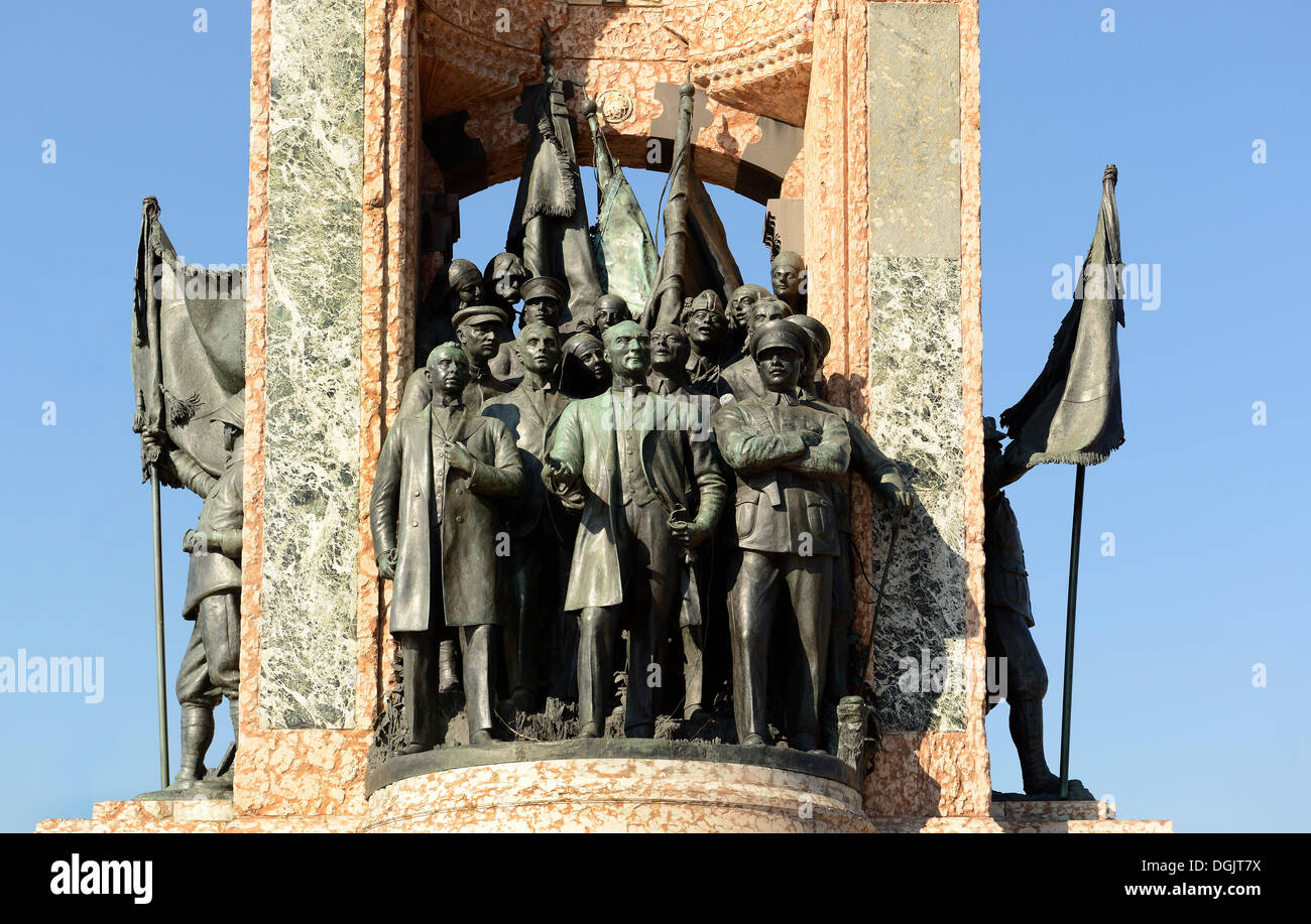 Mustafa Kemal Atatuerk with comrades, Monument of the Republic by Pietro Canonica, Taksim Square or Taksim Meydanı, Beyoğlu Stock Photo