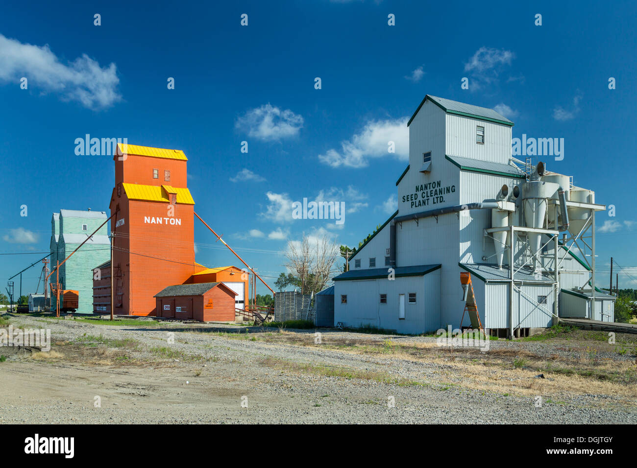 Prairie grain elevators at Nanton, Alberta, Canada. Stock Photo