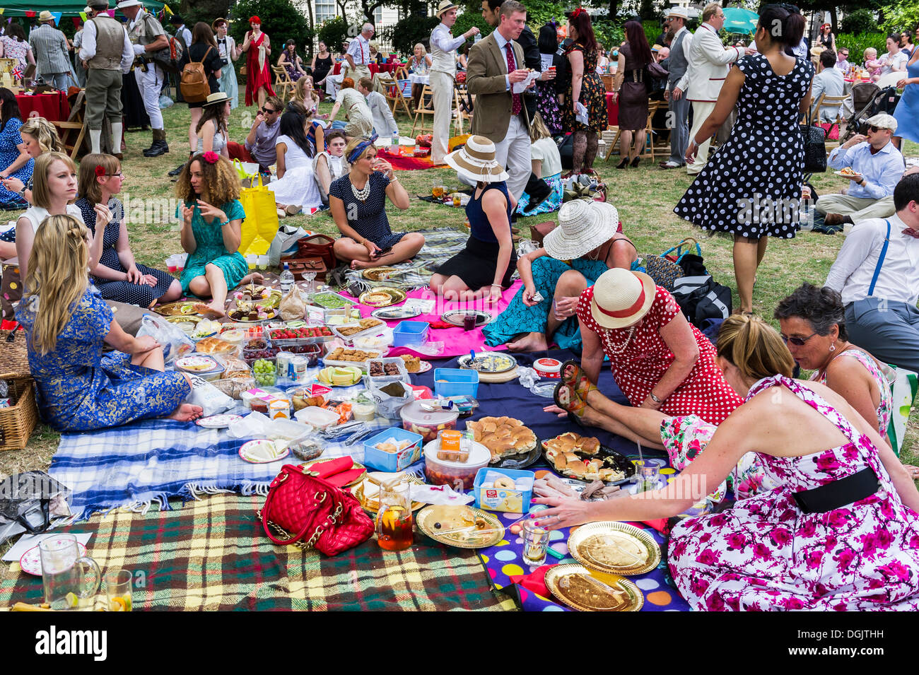 A picnic at the Chap Olympiad in Bedford Square Gardens. Stock Photo