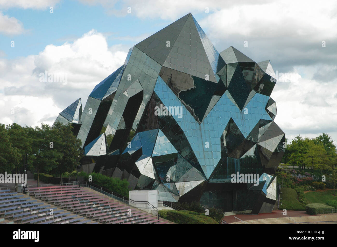 futuristic modern mirrored glass building in futuroscope france Stock Photo
